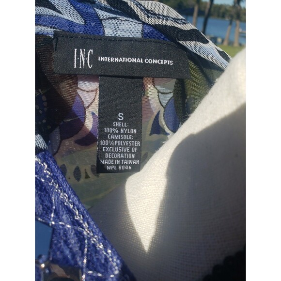 INC Blouse Women S Blue Paisley Sheer Sequins 3/4 Sleeves V Neck w/Camisole - Picture 8 of 16